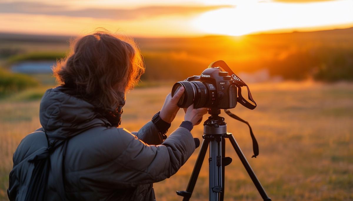 An outdoor event photographer adjusting camera settings as the light changes during a sunset photoshoot