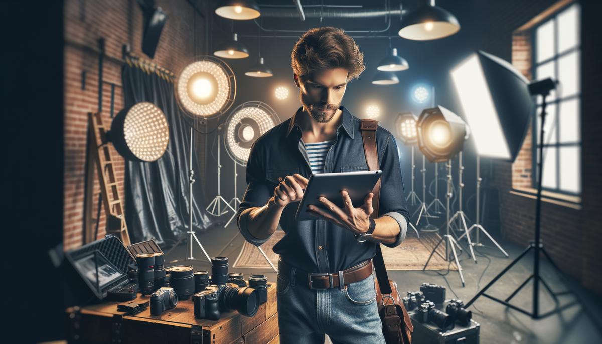 A photographer comparing different studio options on a tablet while standing in a photo studio