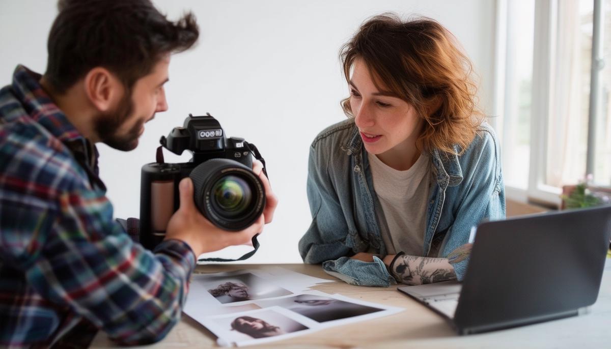 A photographer and graduate client reviewing photos together, demonstrating collaboration and feedback