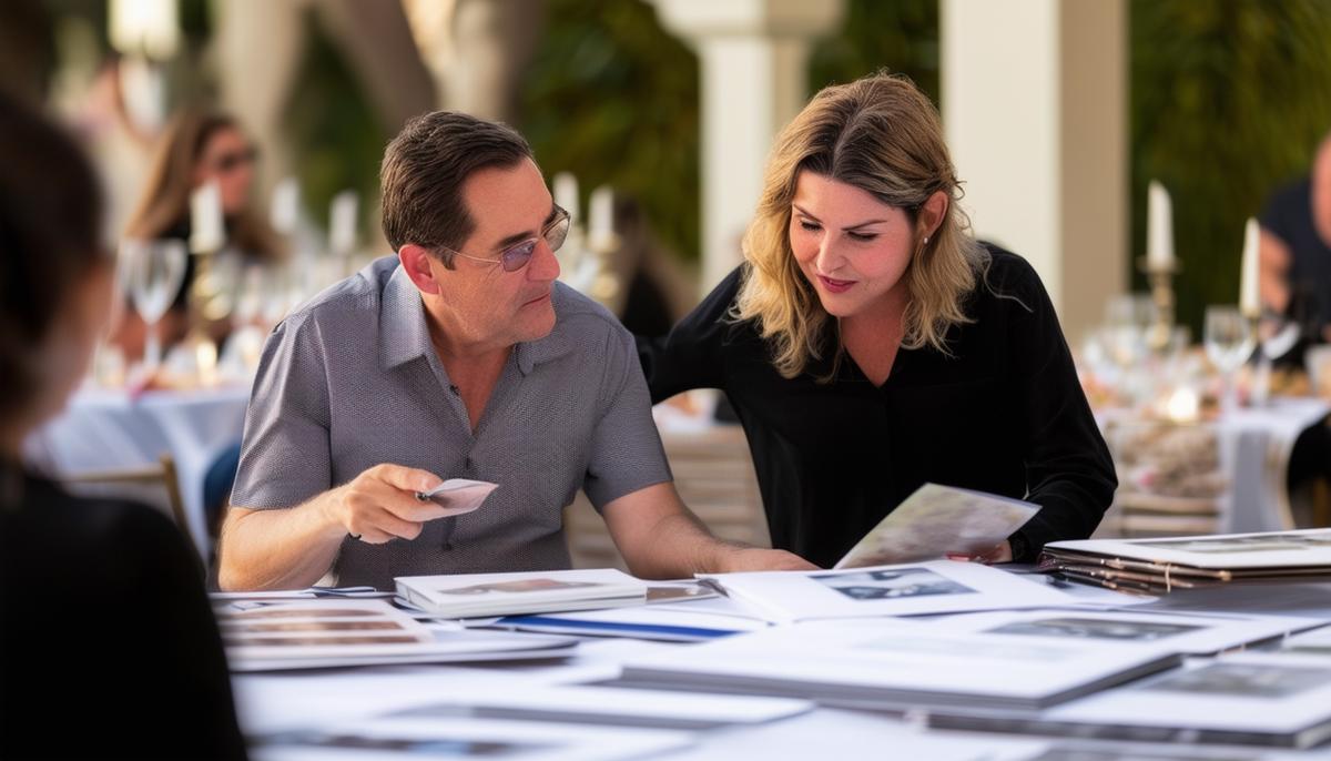An event photographer in San Diego consulting with a client, reviewing portfolios
