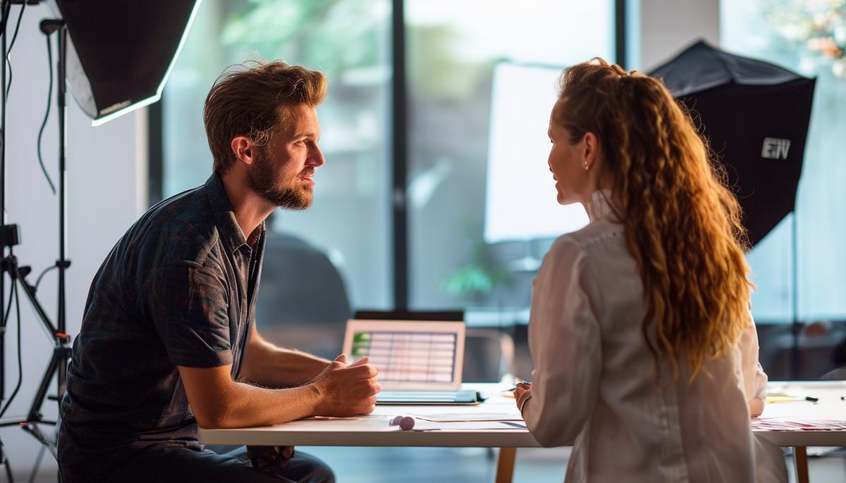 A photographer and client discussing photography needs for an event in a studio setting