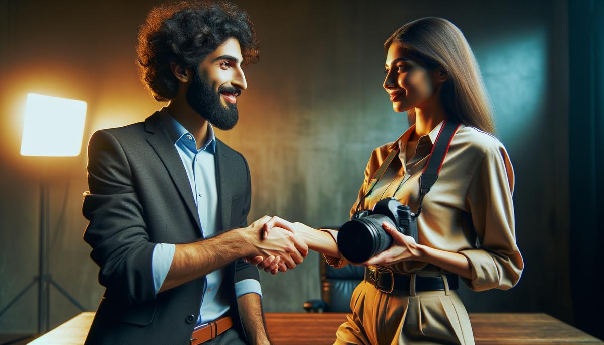 A photographer and client shaking hands after signing a contract