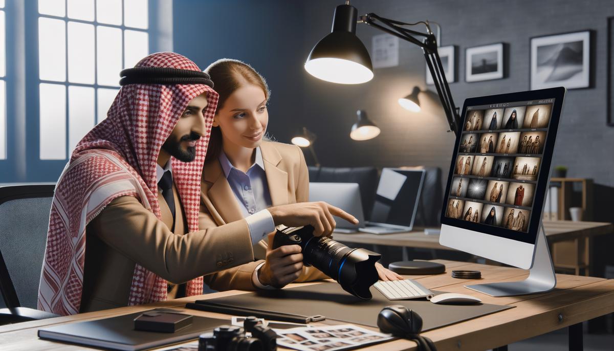 A photographer reviewing images with a client in a well-equipped studio
