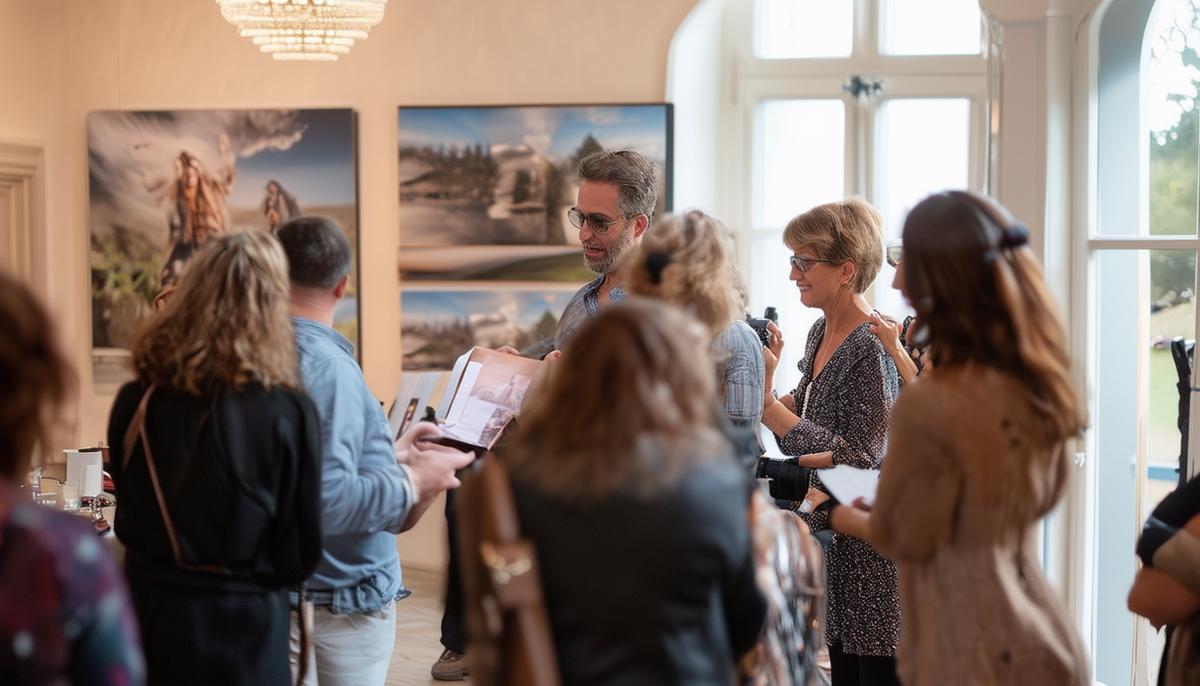 A photographer showing their work to satisfied clients at a charity event