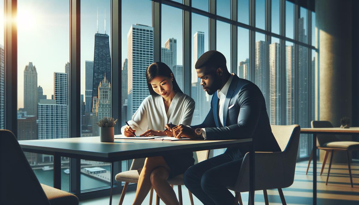 A professional photographer and client discussing details in a modern Chicago office setting