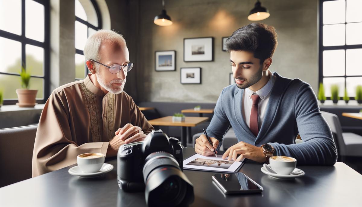 A Tampa event photographer discussing plans with a client, reviewing a portfolio and shot list
