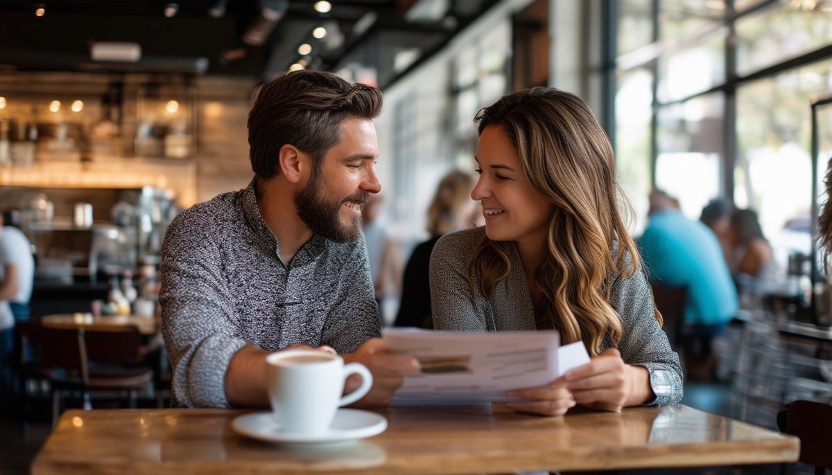 A photographer and client discussing event details in a coffee shop in Dallas