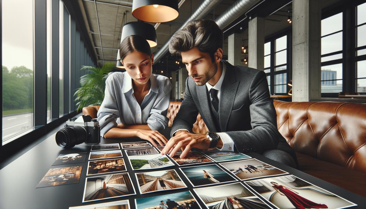An event photographer and client reviewing a portfolio and discussing event details