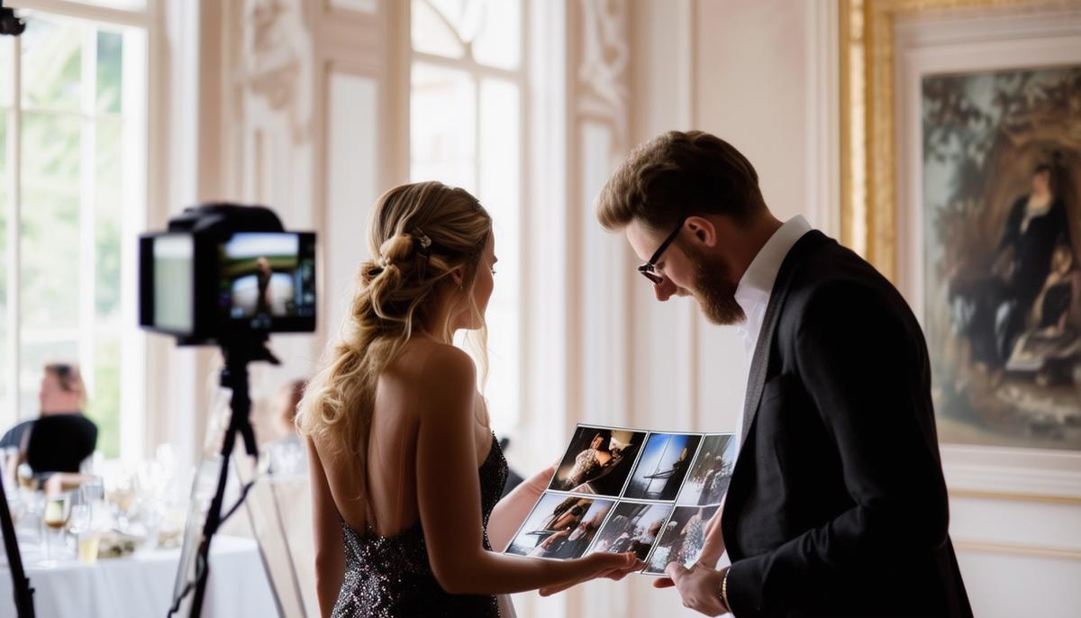 A luxury event photographer reviewing images with a client