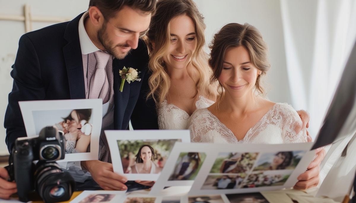 A photographer and clients reviewing wedding photos together in a studio