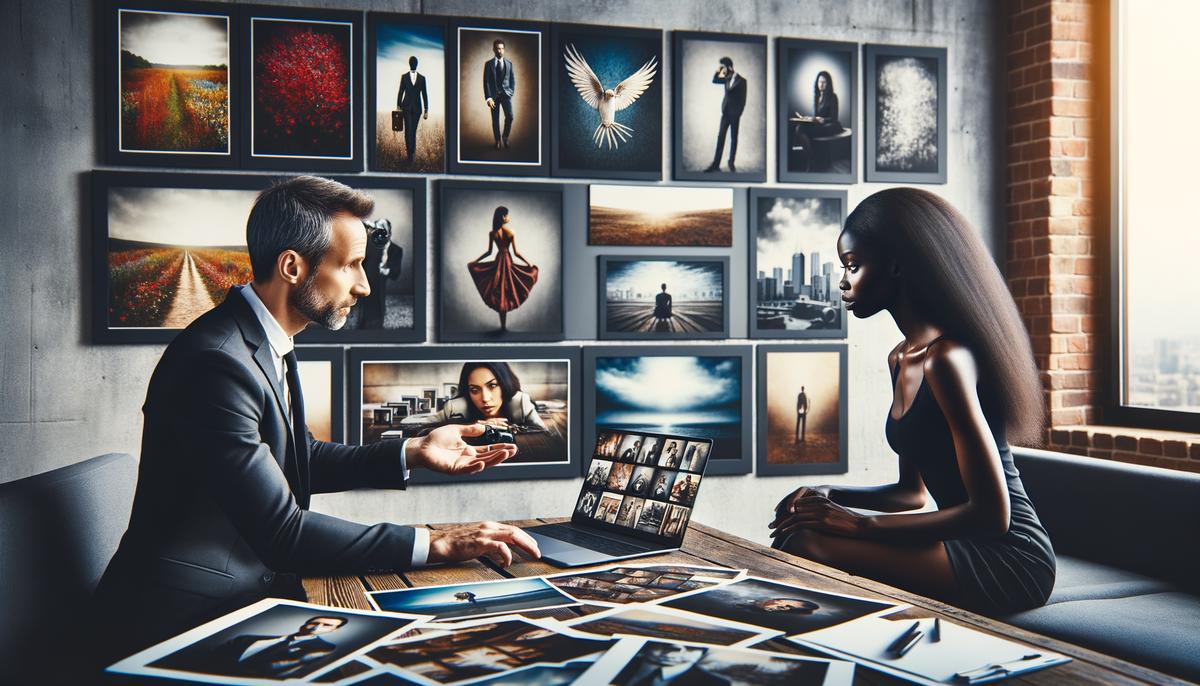 A professional photographer sitting with a client, reviewing their portfolio of high-quality photographs on a laptop or tablet, demonstrating the importance of assessing a photographer's work before making a decision.