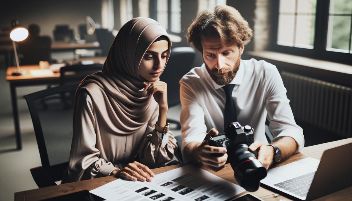 A photographer and event organizer in discussion, planning shots for a corporate event.