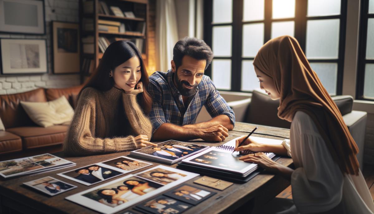 An engagement photographer consulting with a couple before their photo session