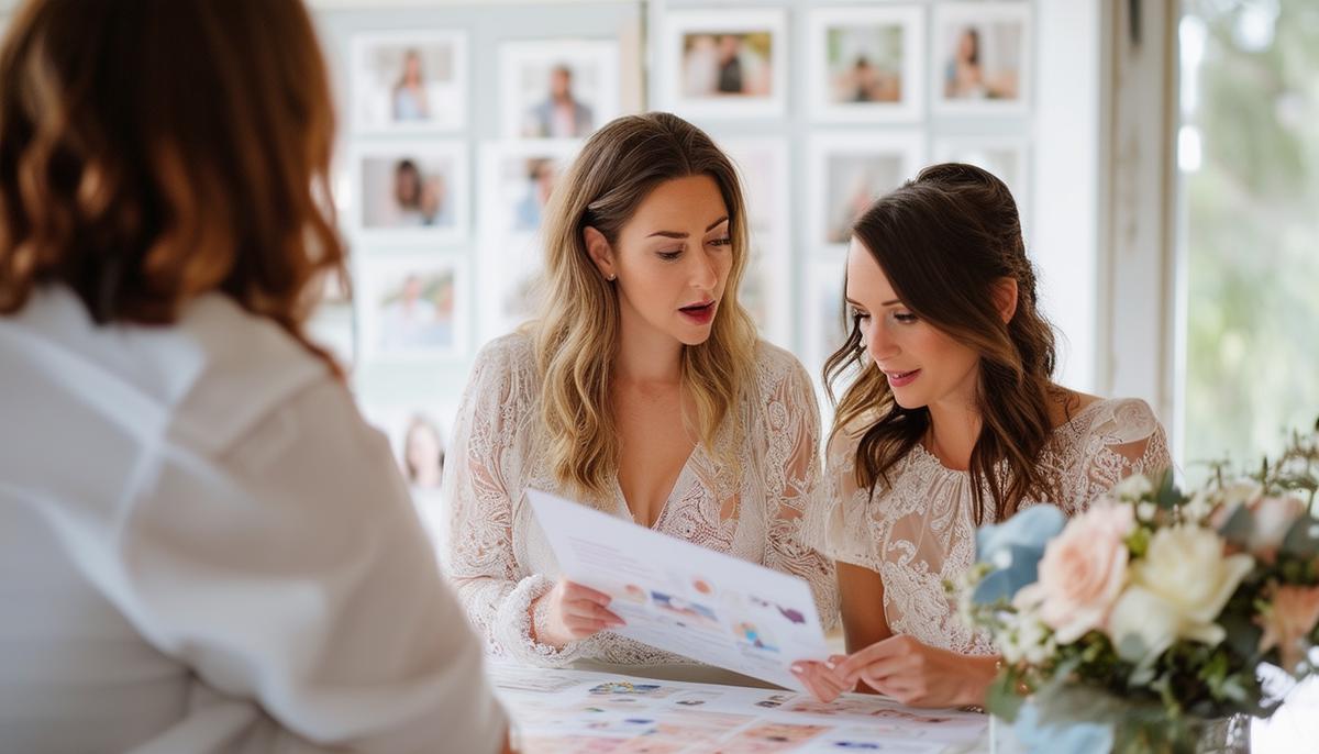 A wedding photographer having a consultation with a couple, reviewing a vision board