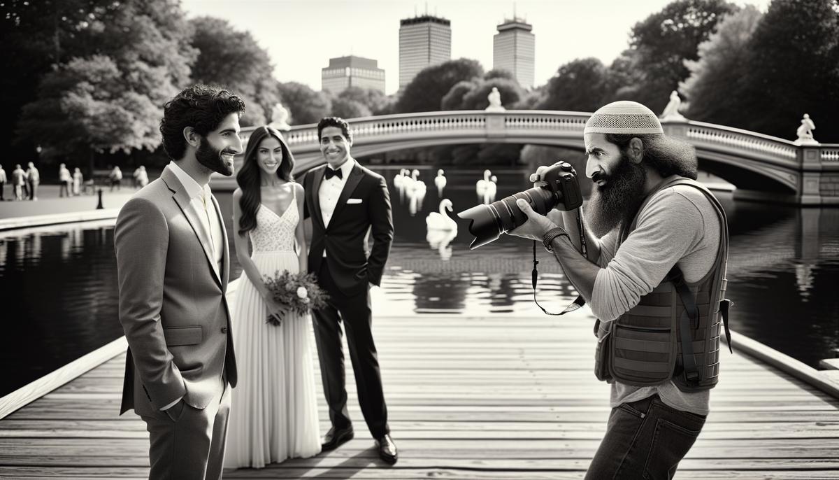 A photographer directing a couple during an engagement photo session in Boston Public Gardens