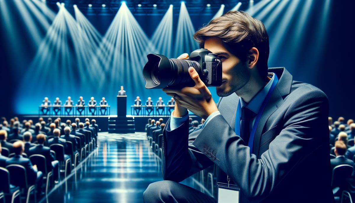 A professional conference photographer skillfully capturing photos of keynote speakers on stage, adjusting camera settings to ensure optimal lighting and composition for high-quality images.