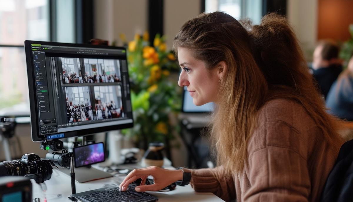A photographer editing photos from a Boston charity event on a computer