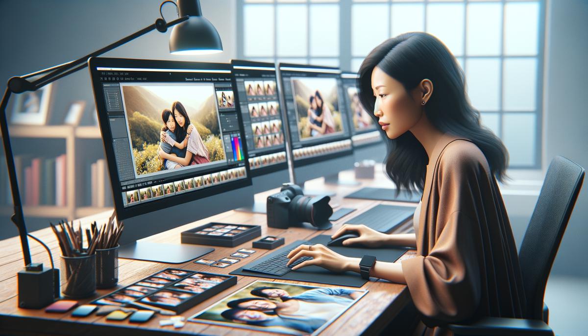 A photographer carefully editing family photos on a computer