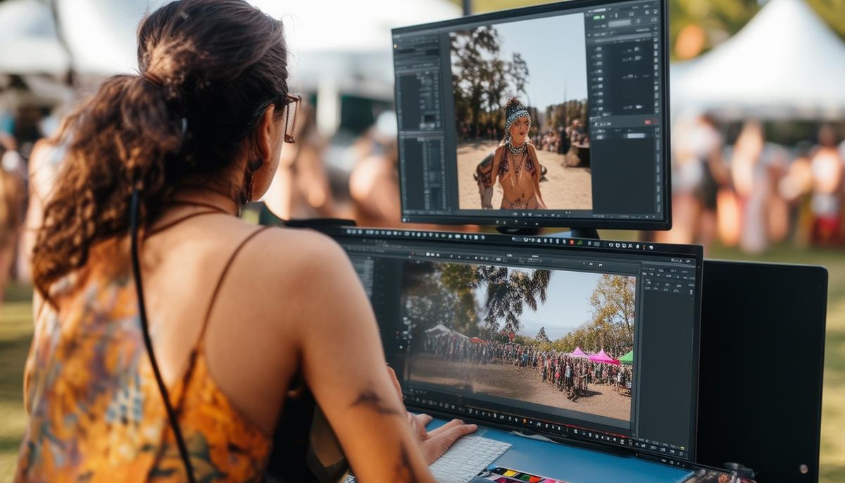 A photographer editing and showcasing their festival photography portfolio