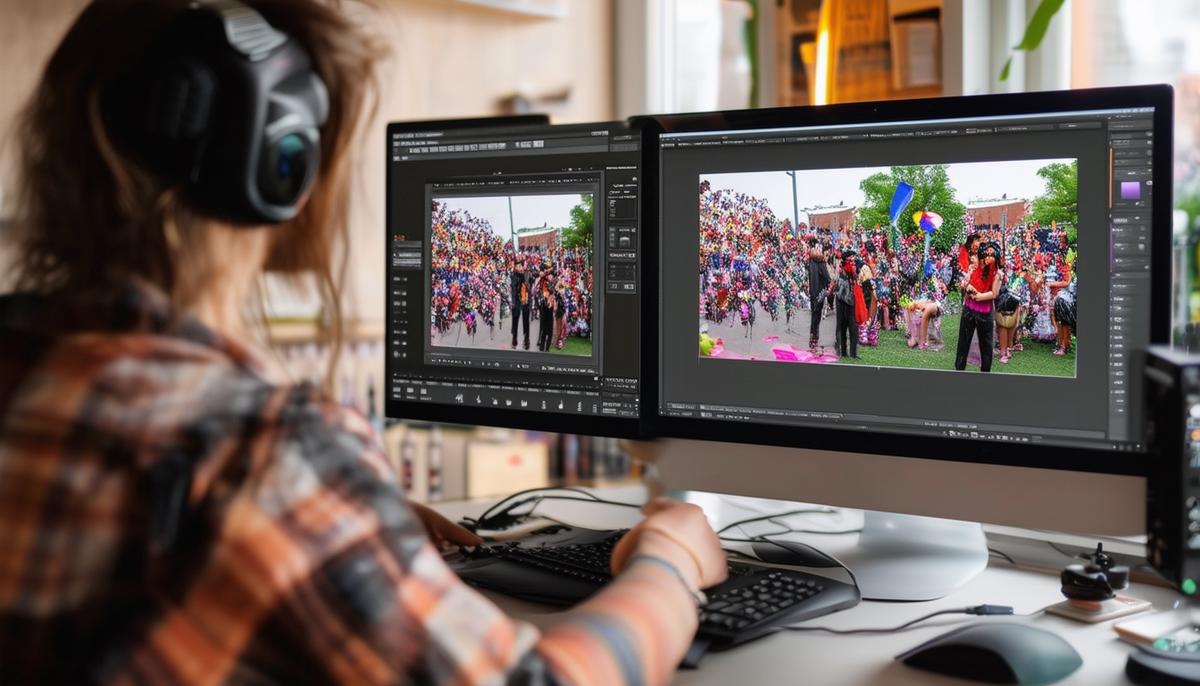 A photographer editing festival photos on a computer, showing before and after images