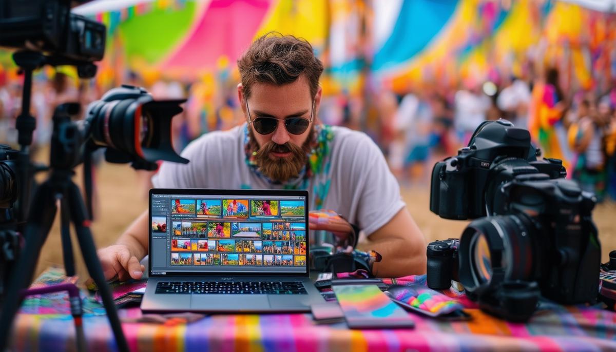A photographer editing colorful festival photos on a laptop, surrounded by camera equipment