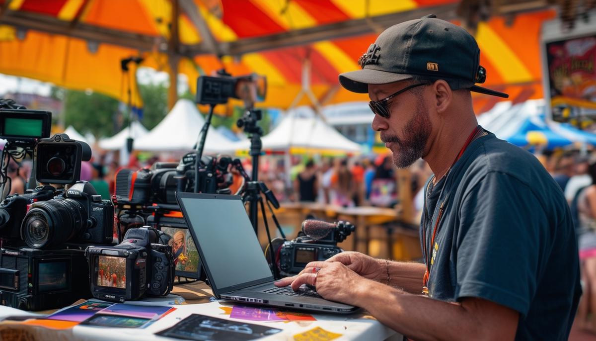 A photographer editing Jazz Fest photos on a laptop, surrounded by camera equipment and festival memorabilia