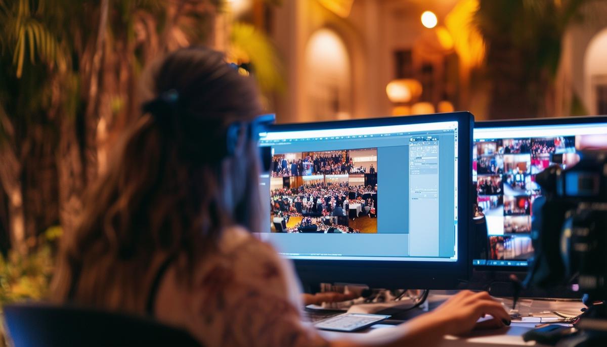 An event photographer editing photos from a New Orleans event on a computer