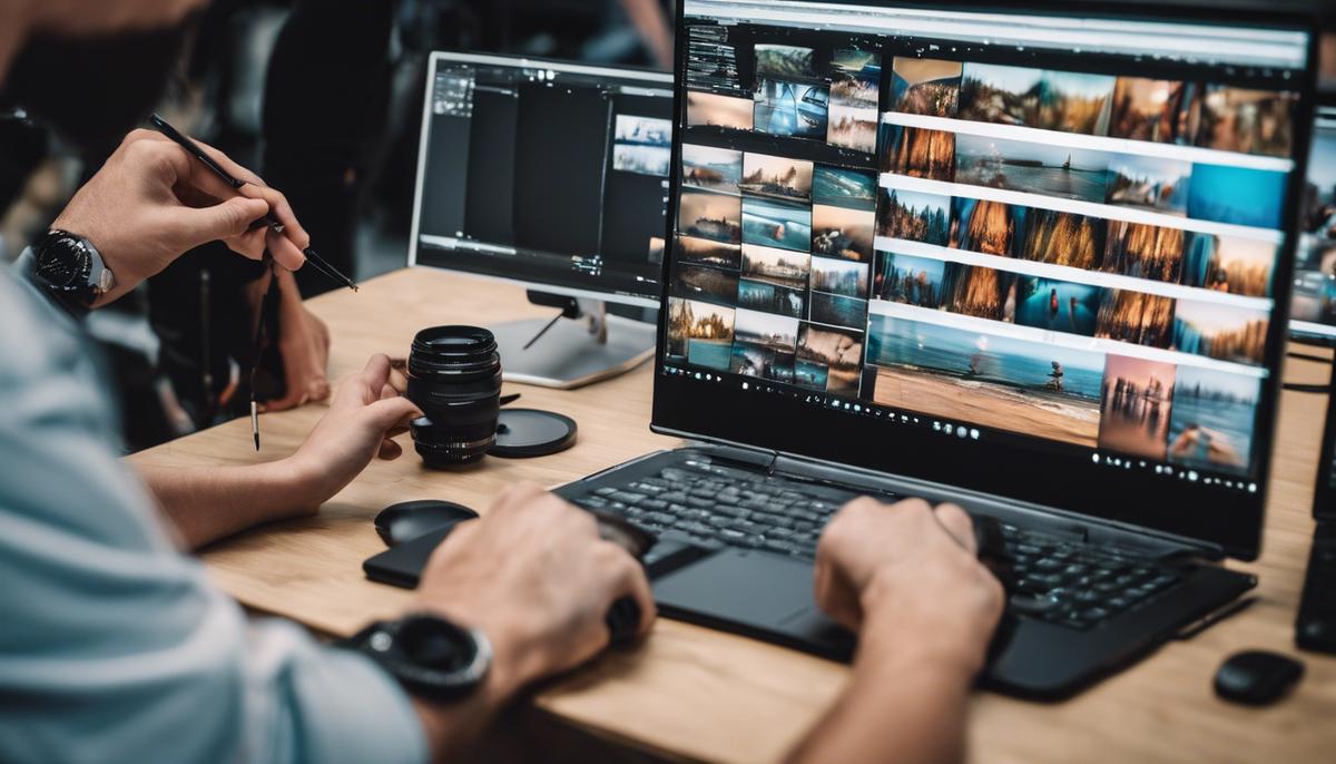 A photographer carefully editing and selecting the best photos from a product launch event on a computer