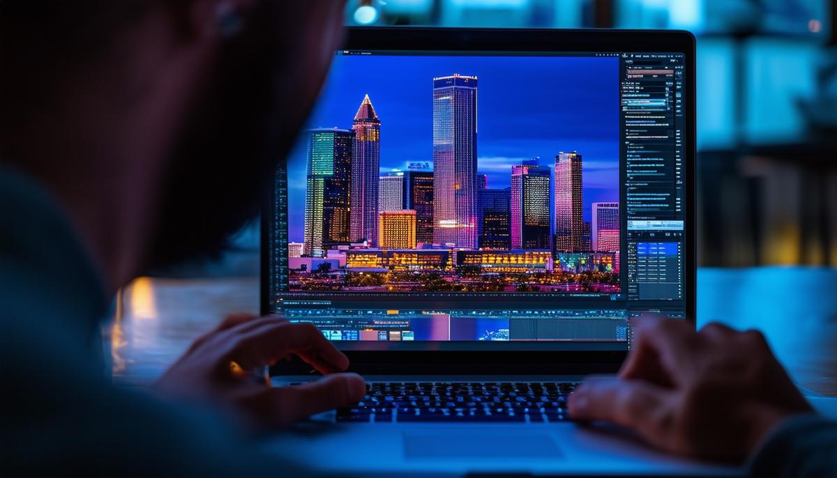 A photographer editing their night photography shots on a laptop, with the screen displaying a vibrant image of the Houston skyline. The photographer's face is not visible, with the focus on their hands on the keyboard and the laptop screen.