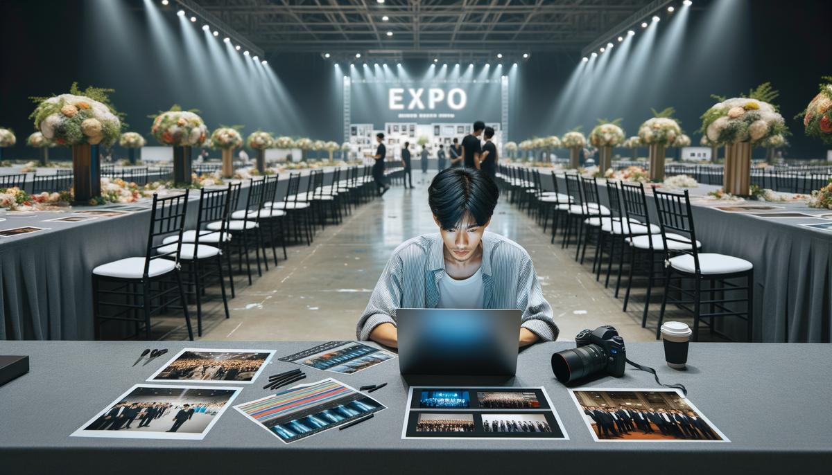 A photographer editing photos on a laptop in a post-event setting