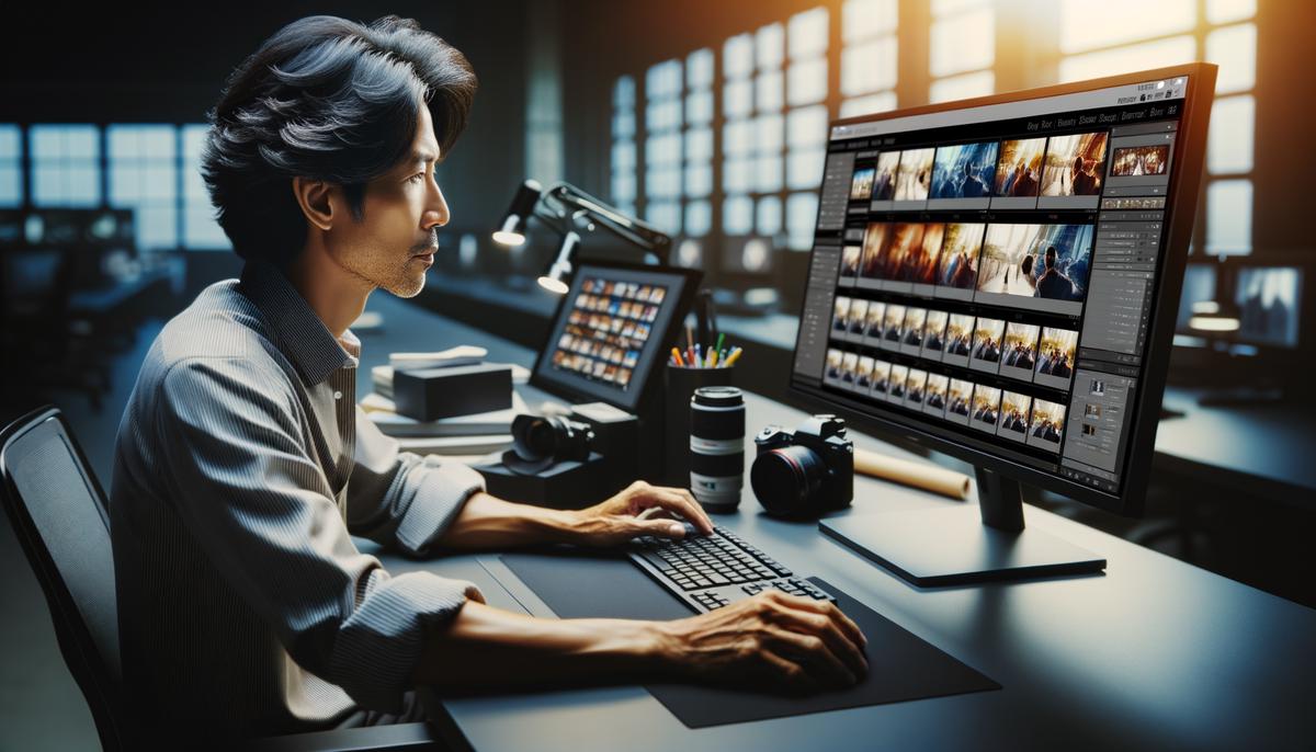 A professional photographer editing retirement party photos on a computer