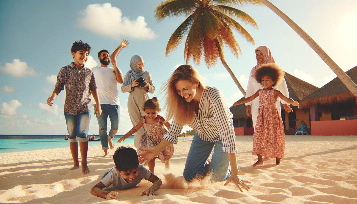 A female photographer playfully interacting with children during a family photoshoot on a Palm Beach