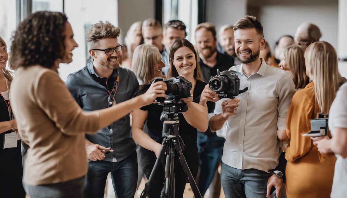 A photographer engaging with employees at a company milestone event, helping them feel comfortable and confident in front of the camera