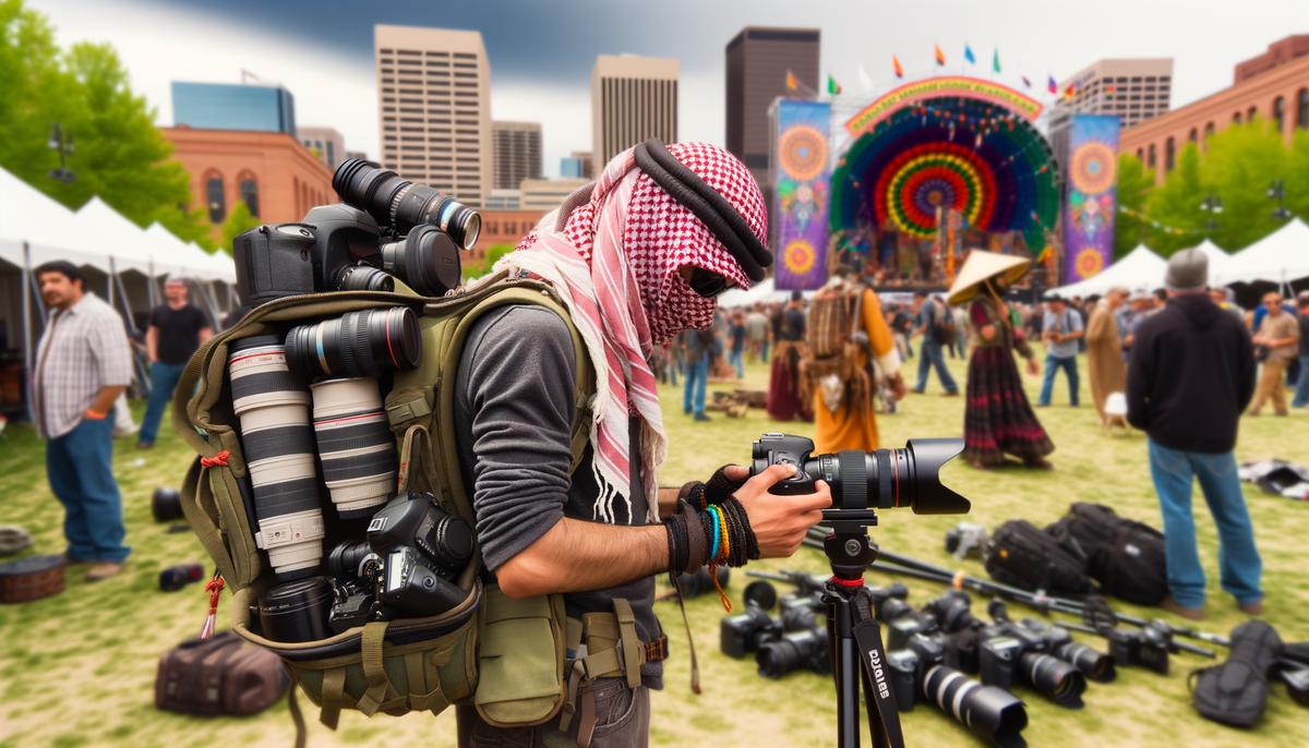 Photographer with essential equipment preparing to capture a Denver festival
