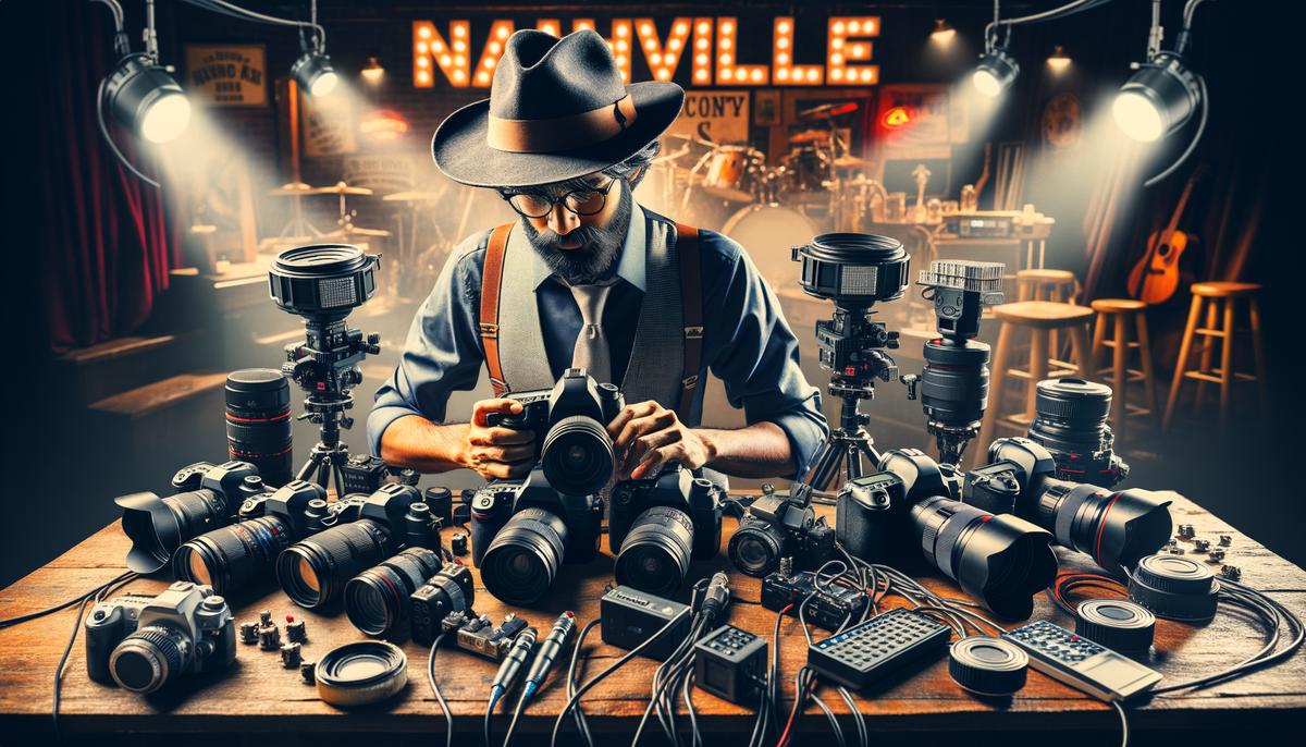 A photographer setting up equipment for a complex event shoot in Nashville