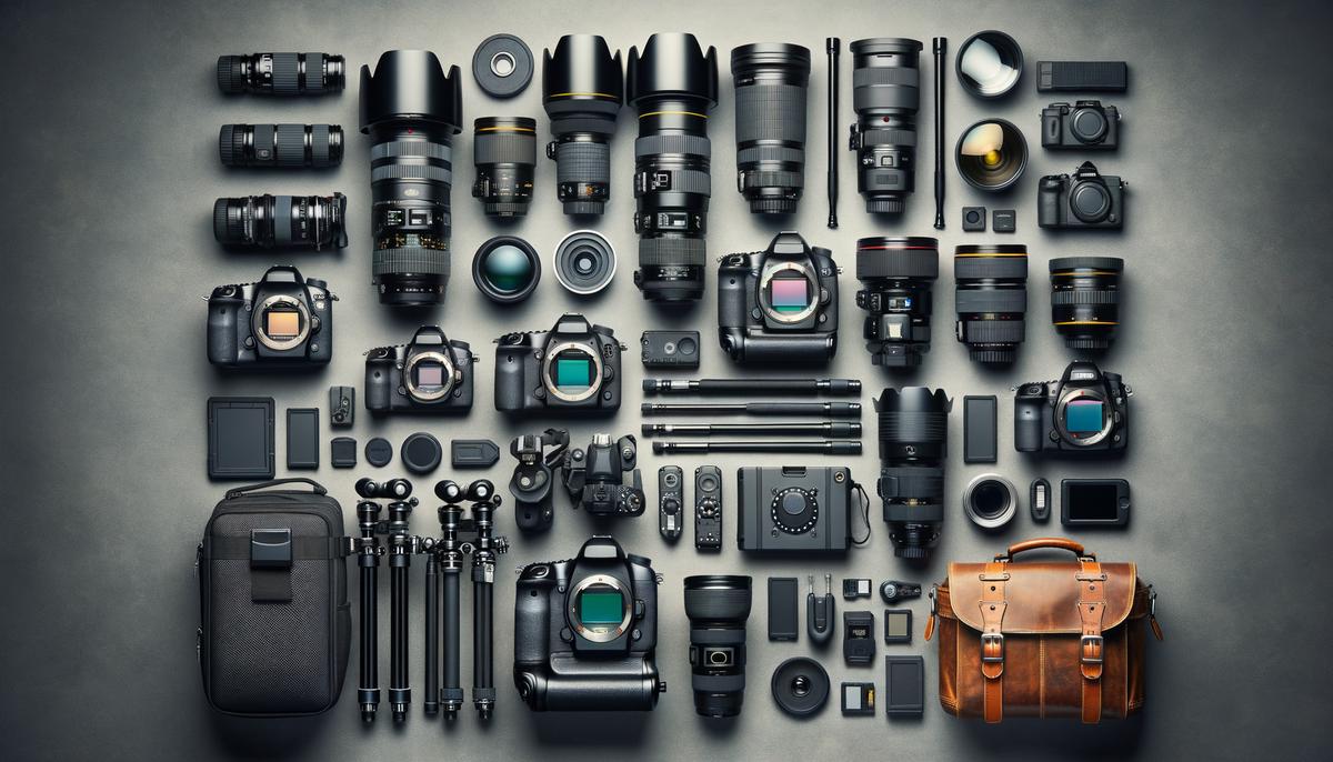 An array of professional photography equipment laid out for a trade show event