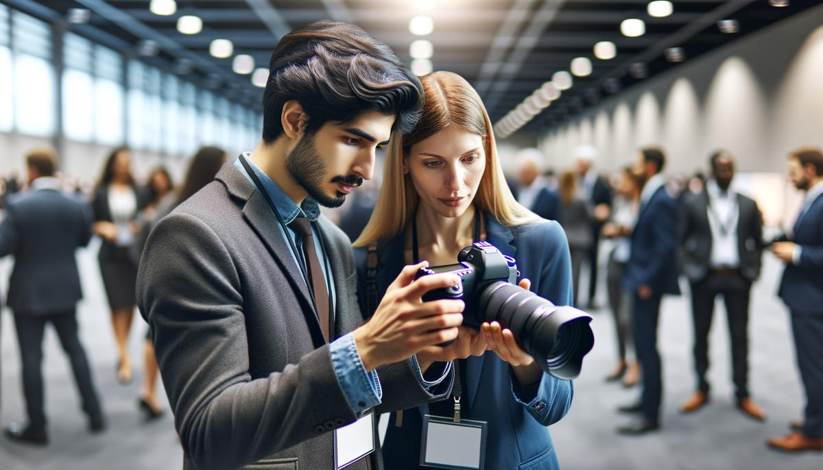 An event photographer and event planner collaborating on-site during an event