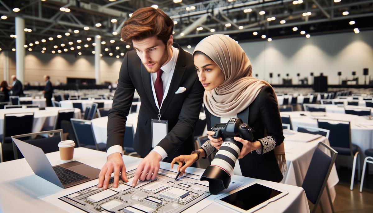 A photographer and event planner discussing conference photo strategy