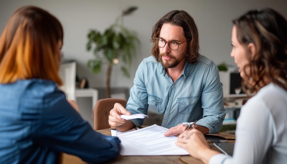 A photographer explaining a contract to a client in a studio setting