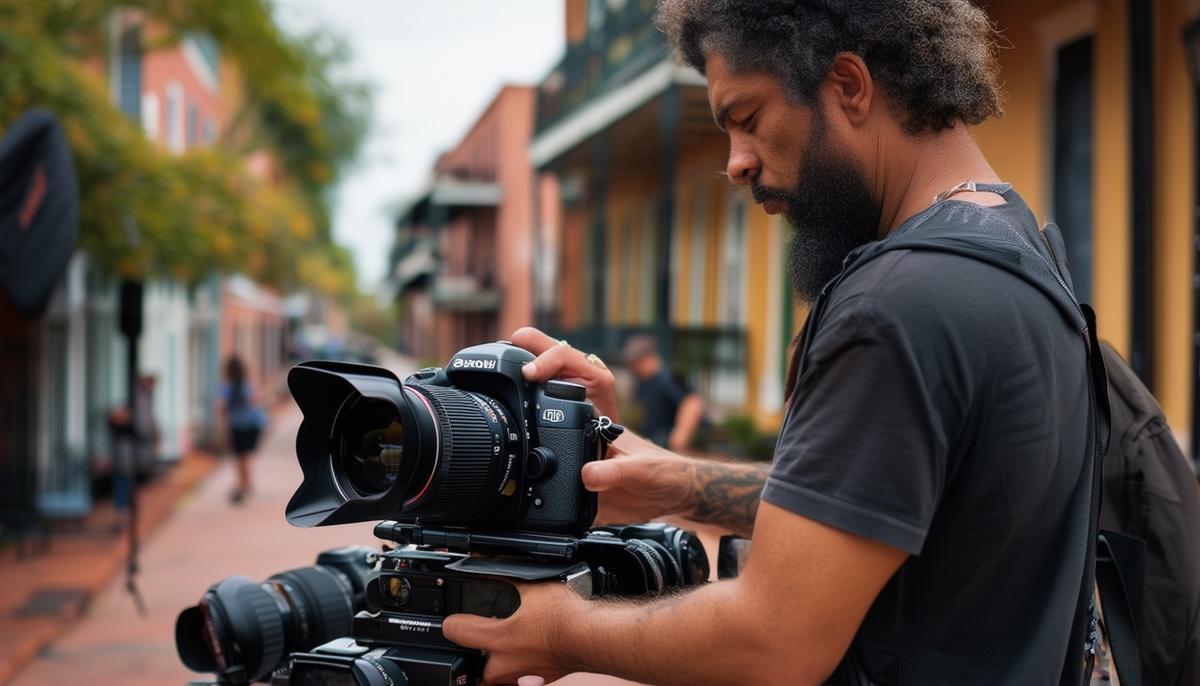 A photographer preparing camera gear for a New Orleans photo shoot