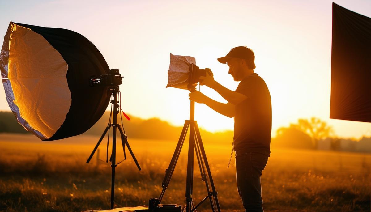 An outdoor event photographer preparing equipment during golden hour, with reflectors and diffusers visible