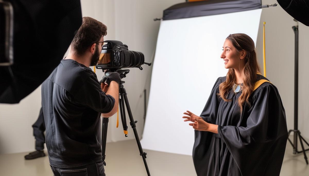 A photographer interacting with a graduate during a photoshoot, demonstrating professionalism and creativity