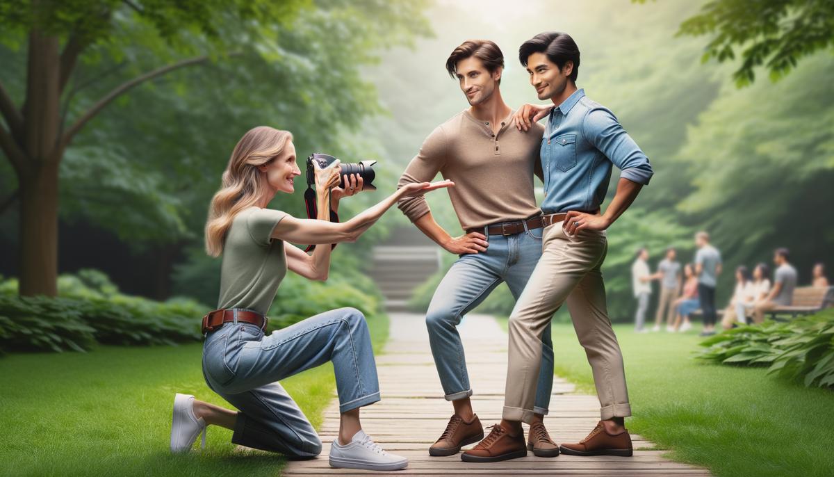 A professional photographer guiding a couple during an engagement photo session in a park