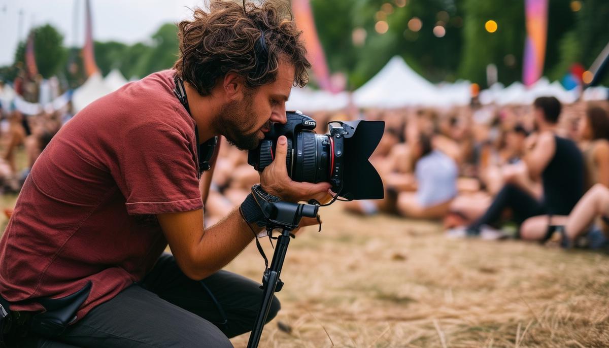 A photographer crouching to capture a unique angle of a performance at a bustling music festival