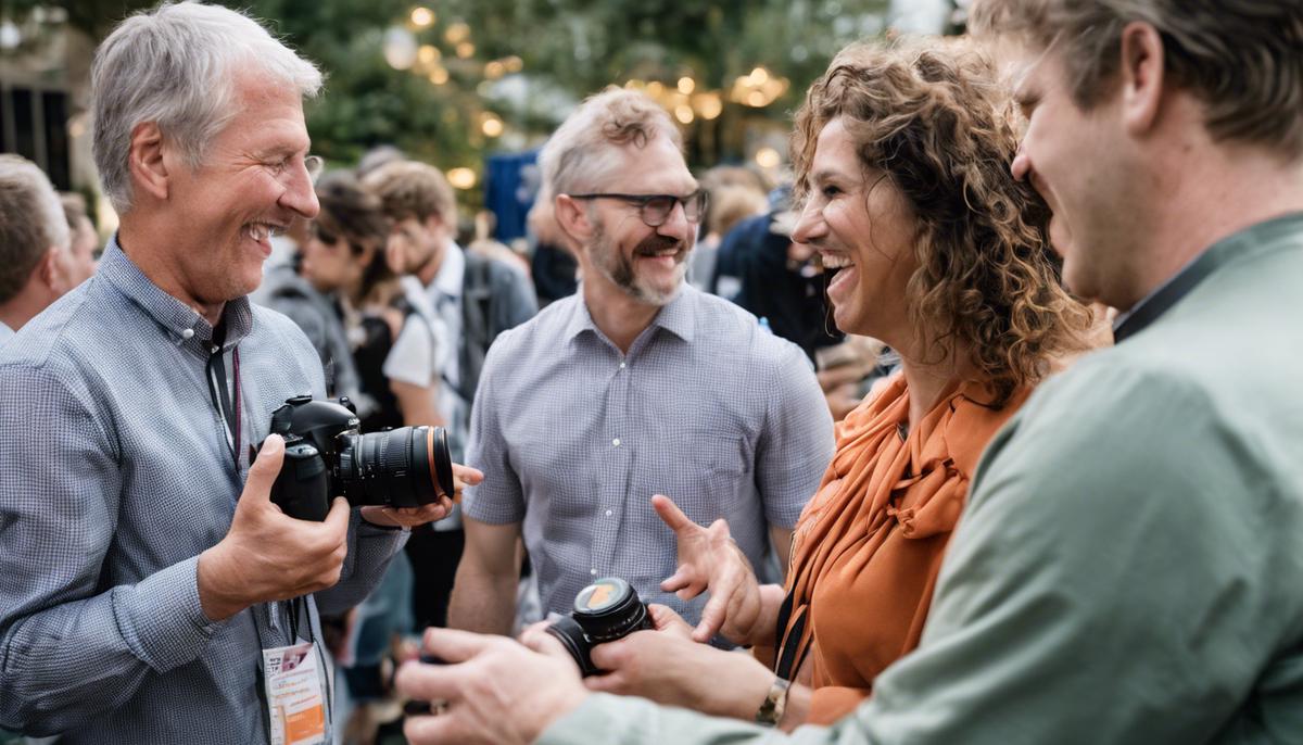 A photo of a photographer interacting with attendees at a charity event, building rapport