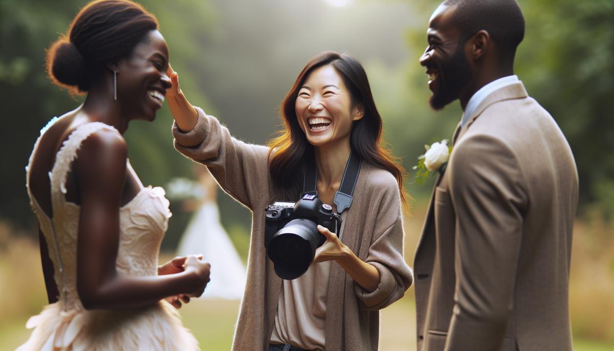 Wedding photographer laughing with a couple during a relaxed photo session