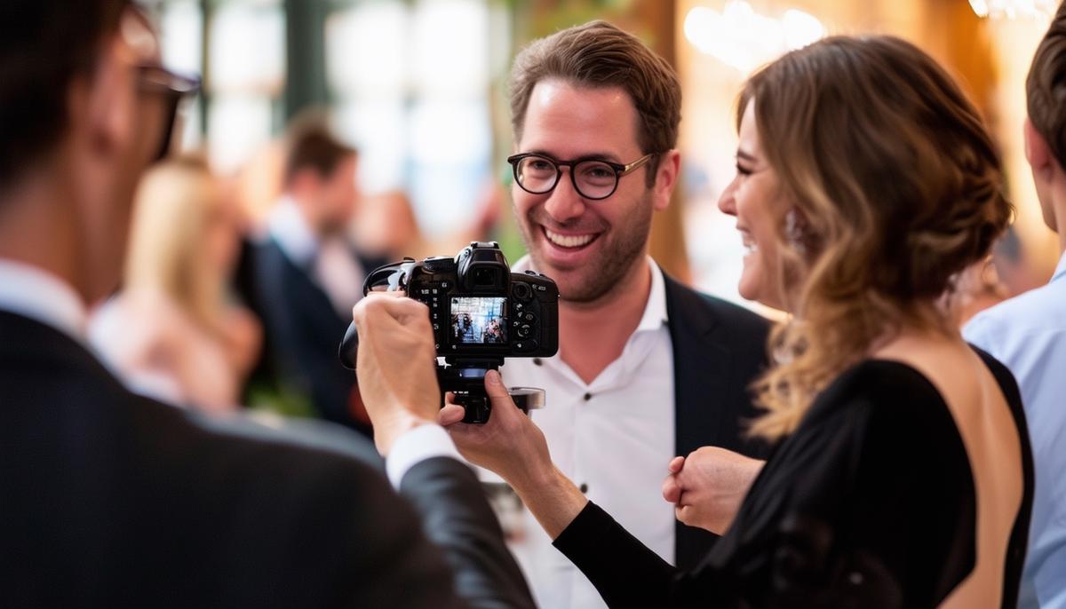 A friendly event photographer interacting with guests while taking photos at a Boston private event