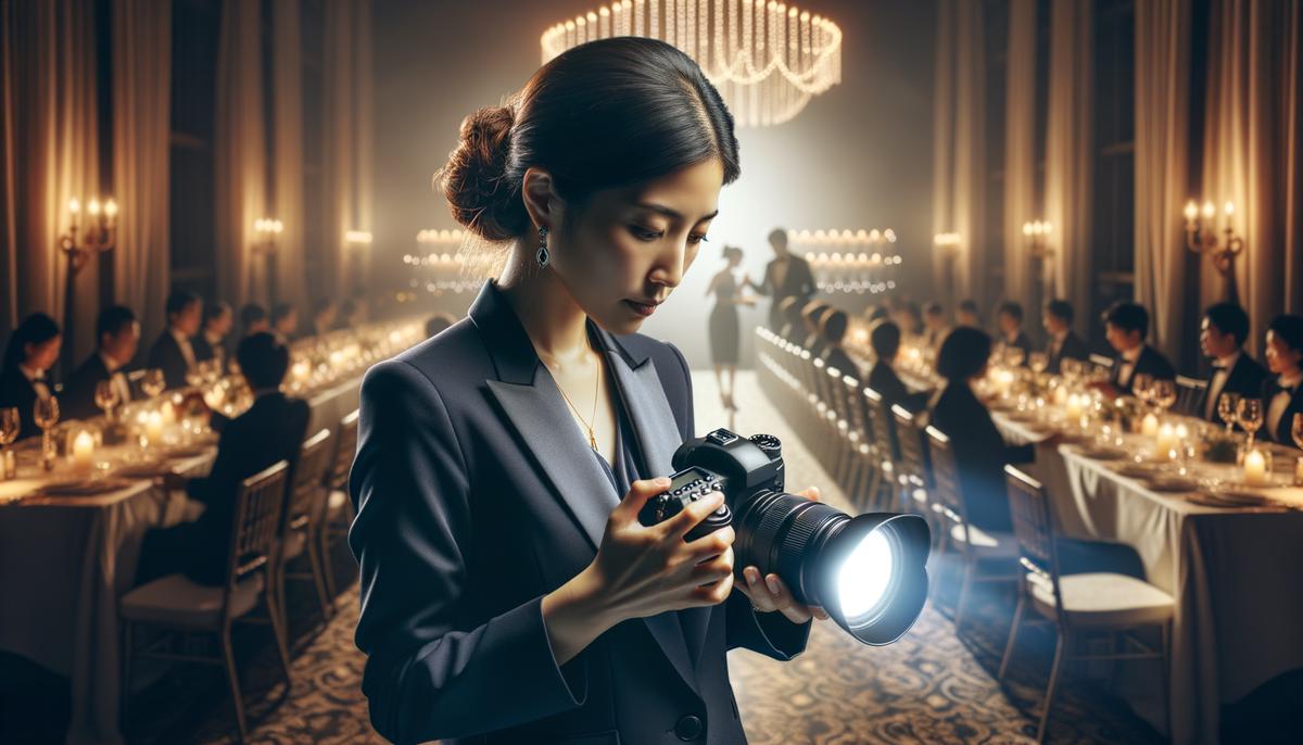 A corporate event photographer skillfully capturing images in a challenging low-light setting