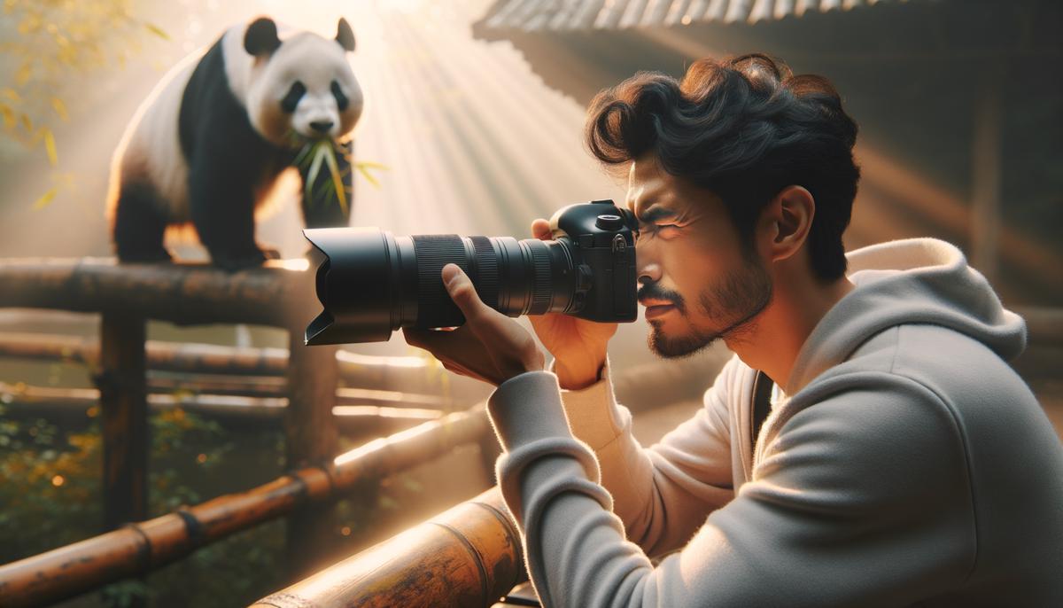 A photographer capturing a panda at the National Zoo in Washington DC during early morning light