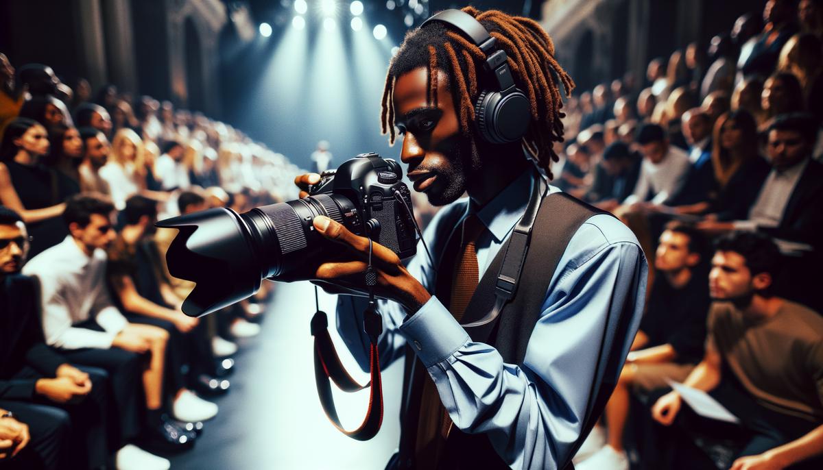 A fashion photographer navigating through a crowded event to capture the perfect shot